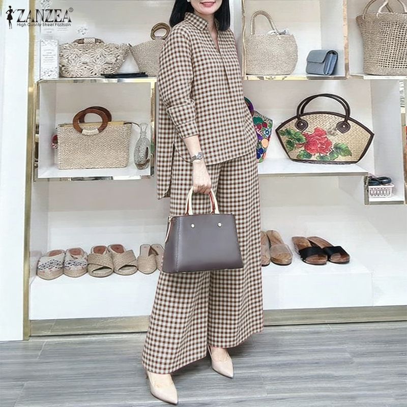 Shirt Camp Collar - ZANZEA Women's Gingham Pant Suits Collared