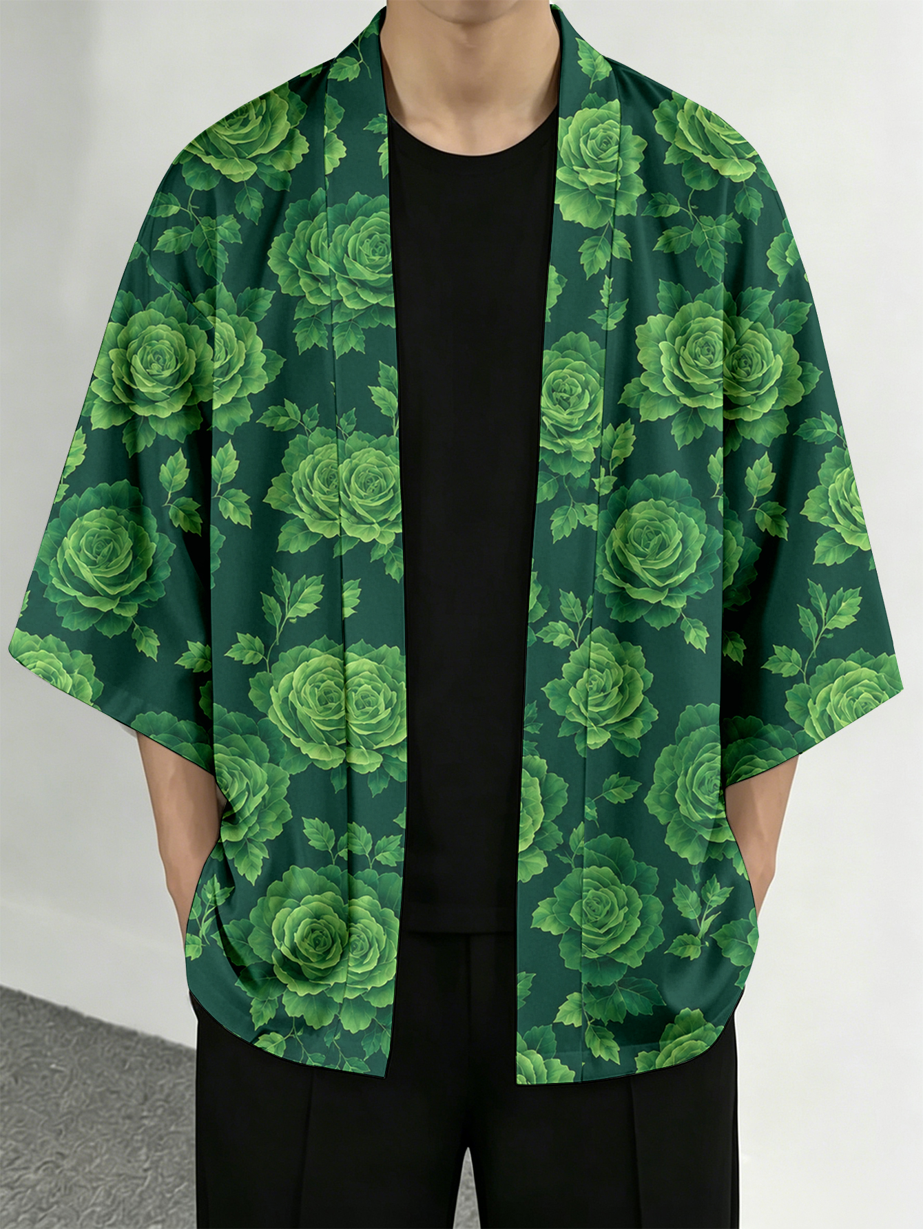 Resort Shirt Floral - Men's casual top Green Rose Leaf