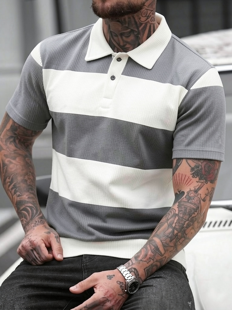 Men's Summer Gray-White Stripe - Polo Shirt Pique のレビューと価格