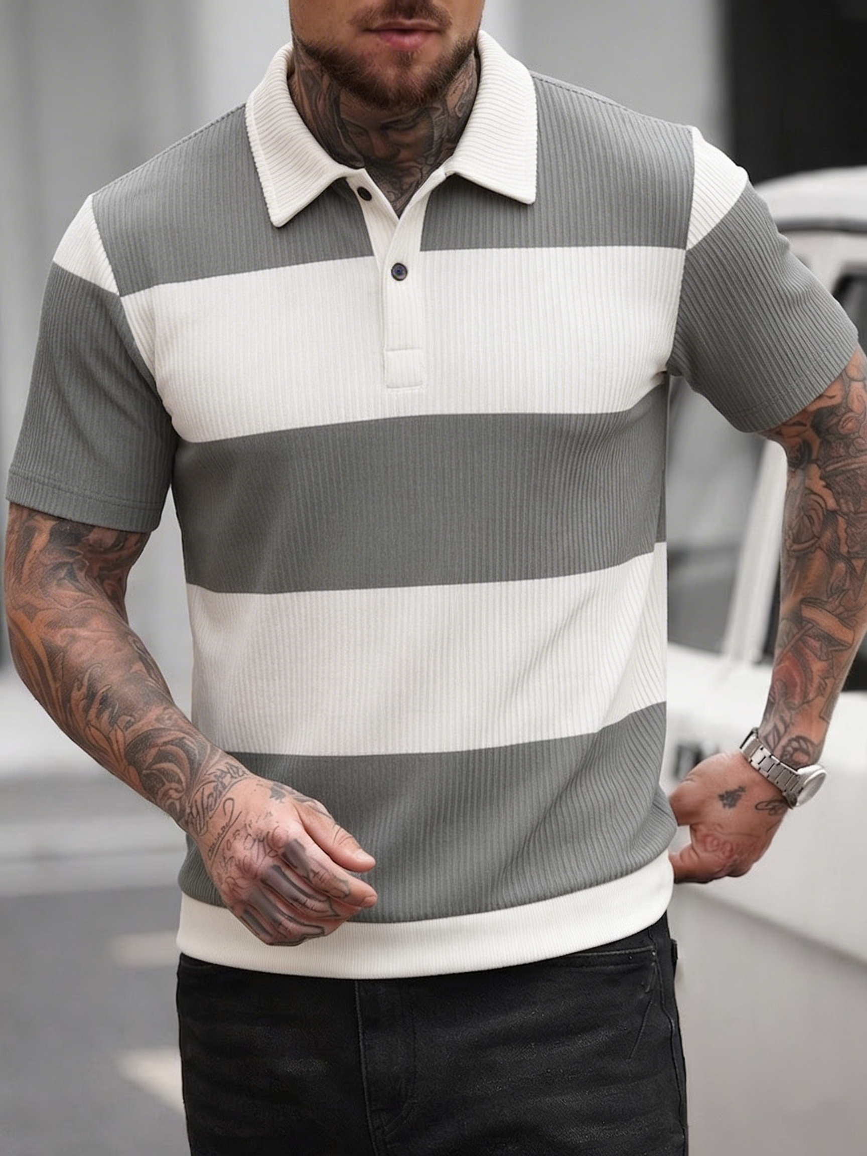 Men's Summer Gray-White Stripe - Polo Shirt Pique のレビューと価格
