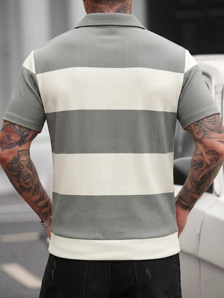 Men's Summer Gray-White Stripe - Polo Shirt Pique のレビューと価格