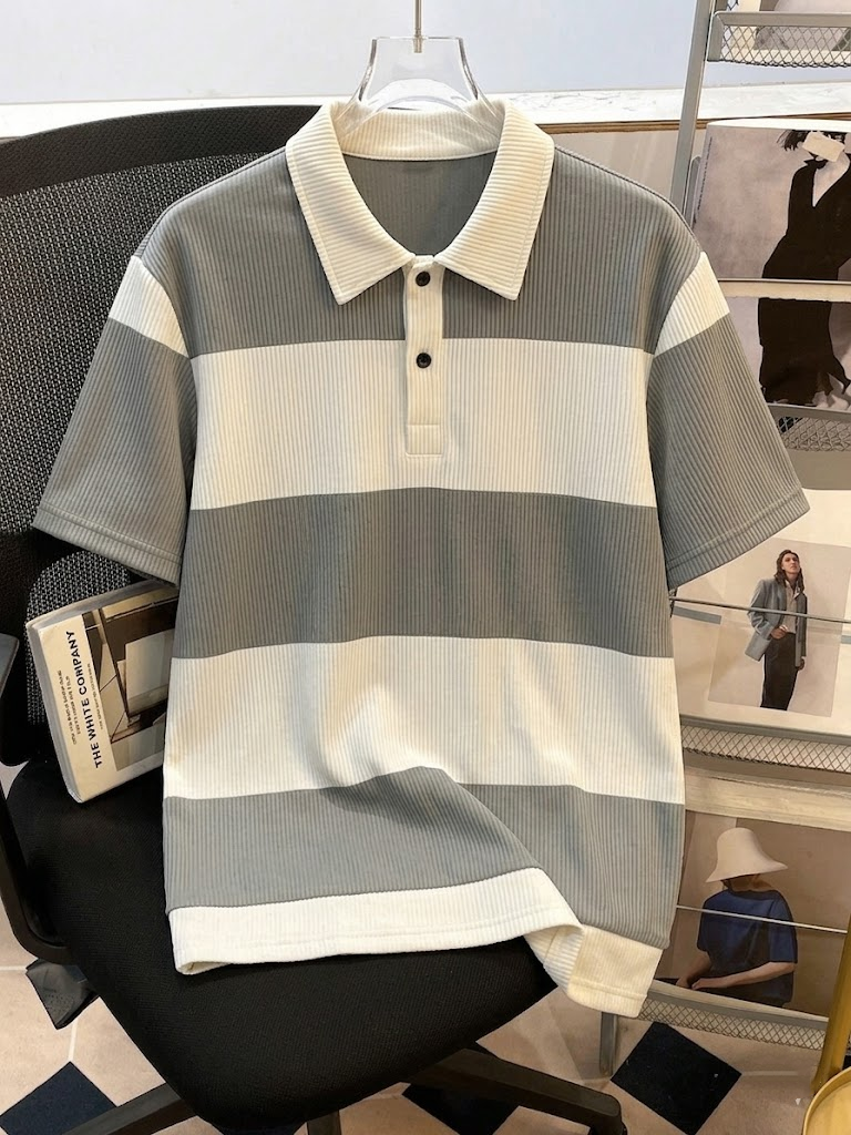 Men's Summer Gray-White Stripe - Polo Shirt Pique のレビューと価格