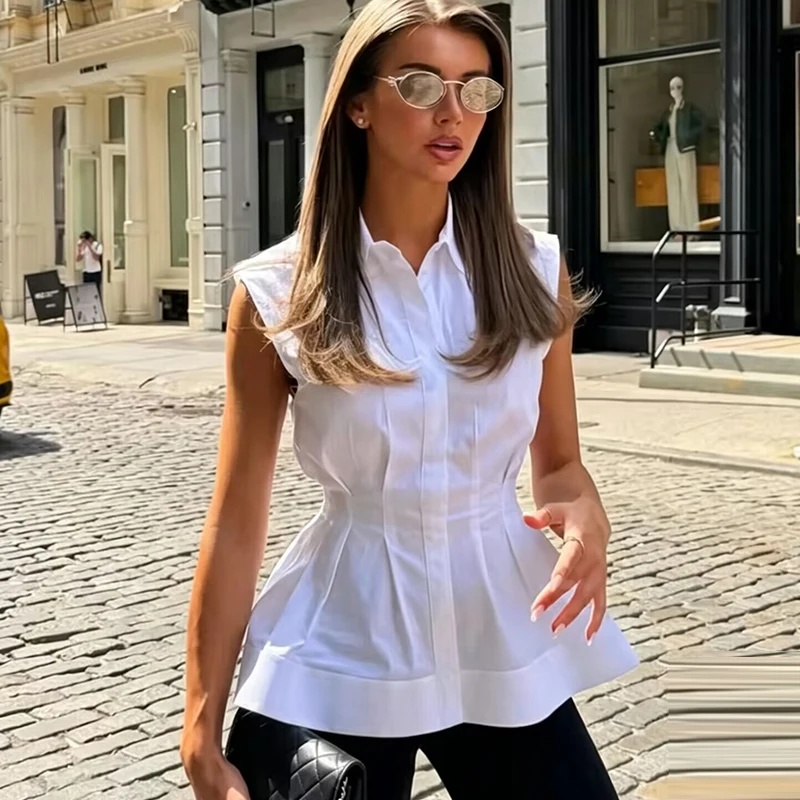 Women Casual Sleeveless Slim S - Shirt Camp Collar のレビューと価格