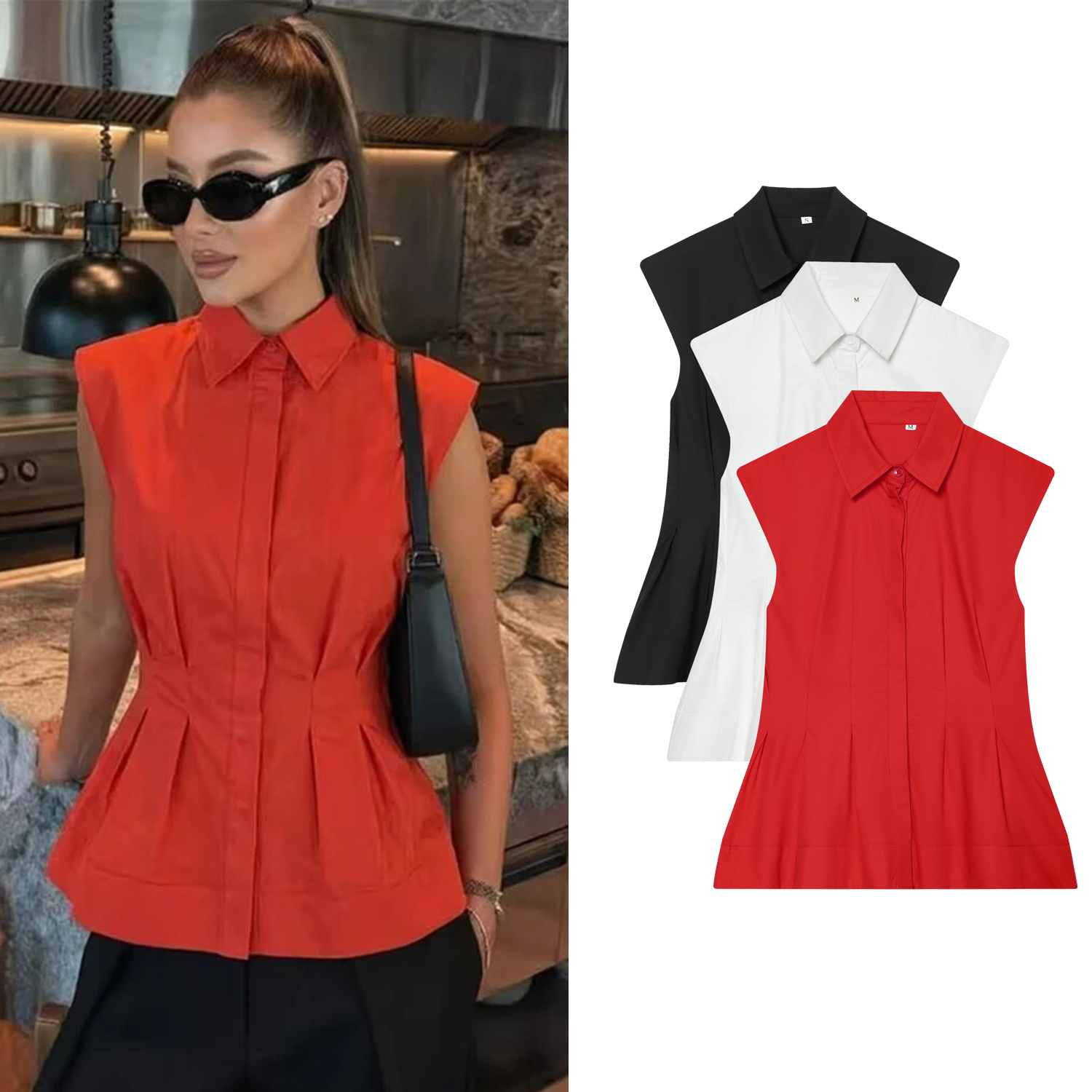 Women Casual Sleeveless Slim S - Shirt Camp Collar のレビューと価格