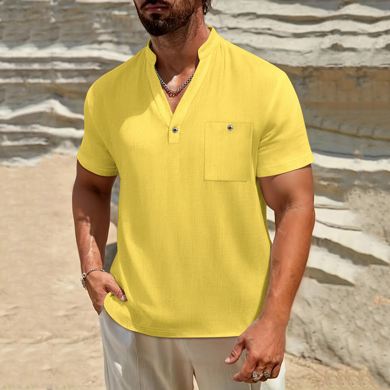 Men's Cotton Linen Henley Shir - Linen Shirt Breathable のレビューと価格