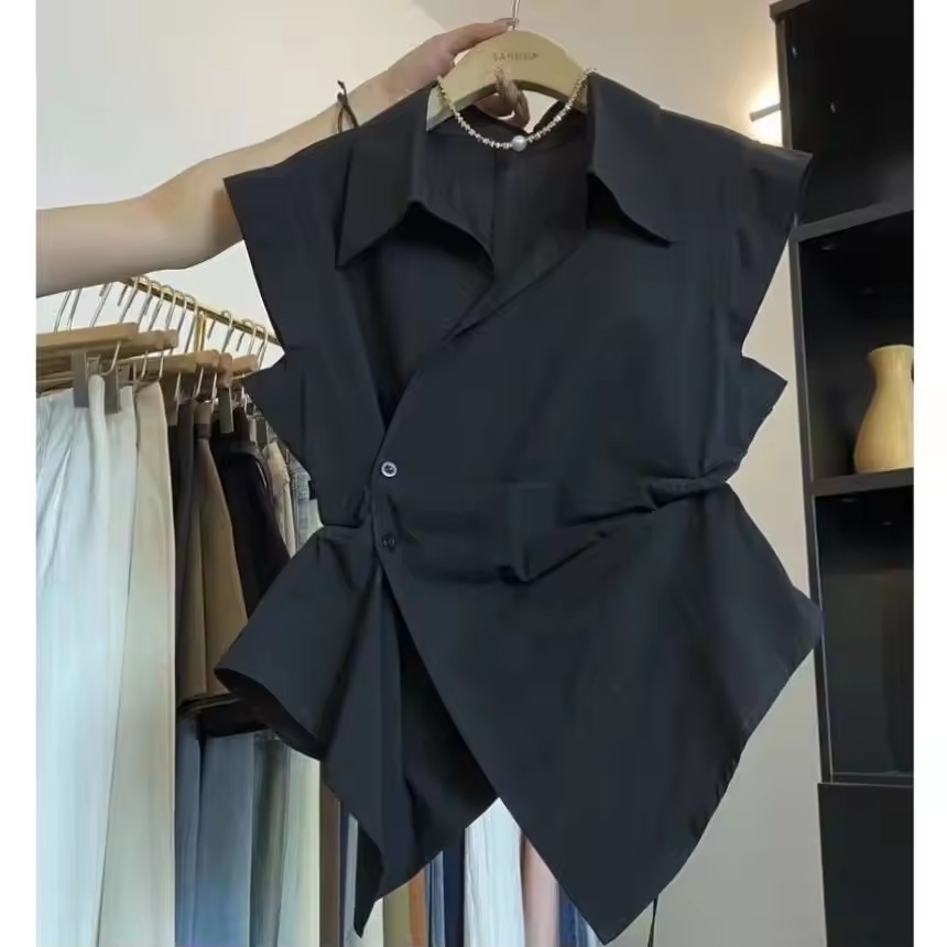 French Solid Color Pleated Irr - Shirt Camp Collar のレビューと価格