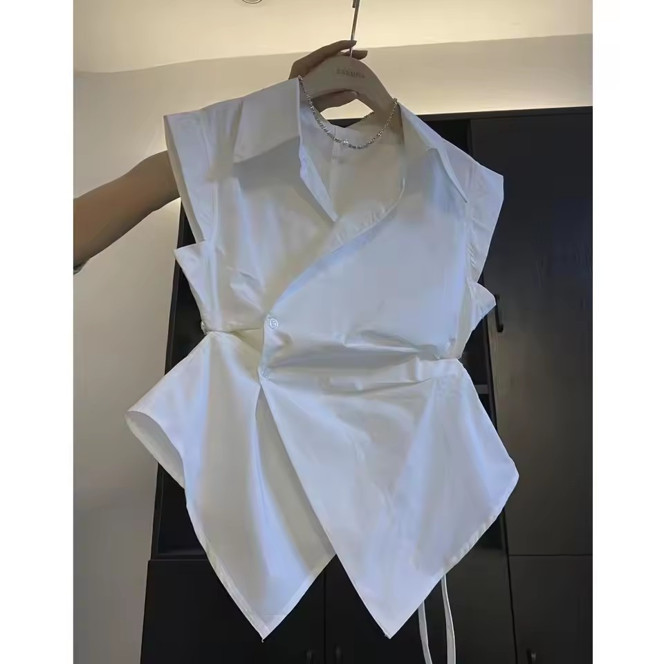 French Solid Color Pleated Irr - Shirt Camp Collar のレビューと価格