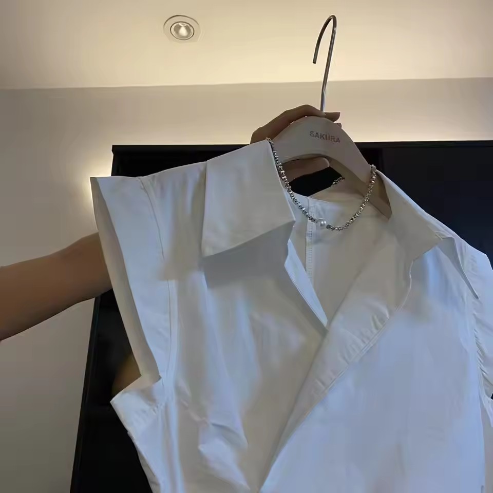 French Solid Color Pleated Irr - Shirt Camp Collar のレビューと価格