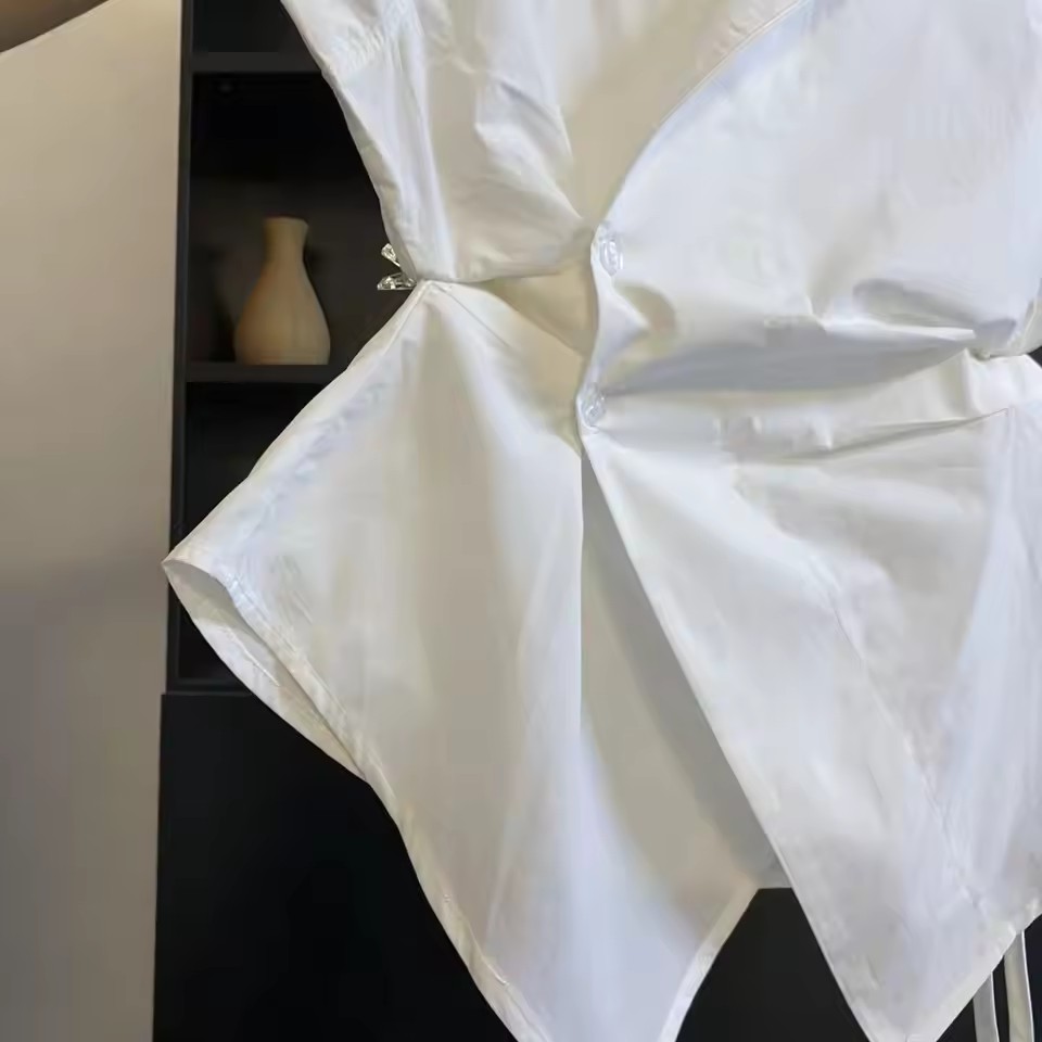 French Solid Color Pleated Irr - Shirt Camp Collar のレビューと価格