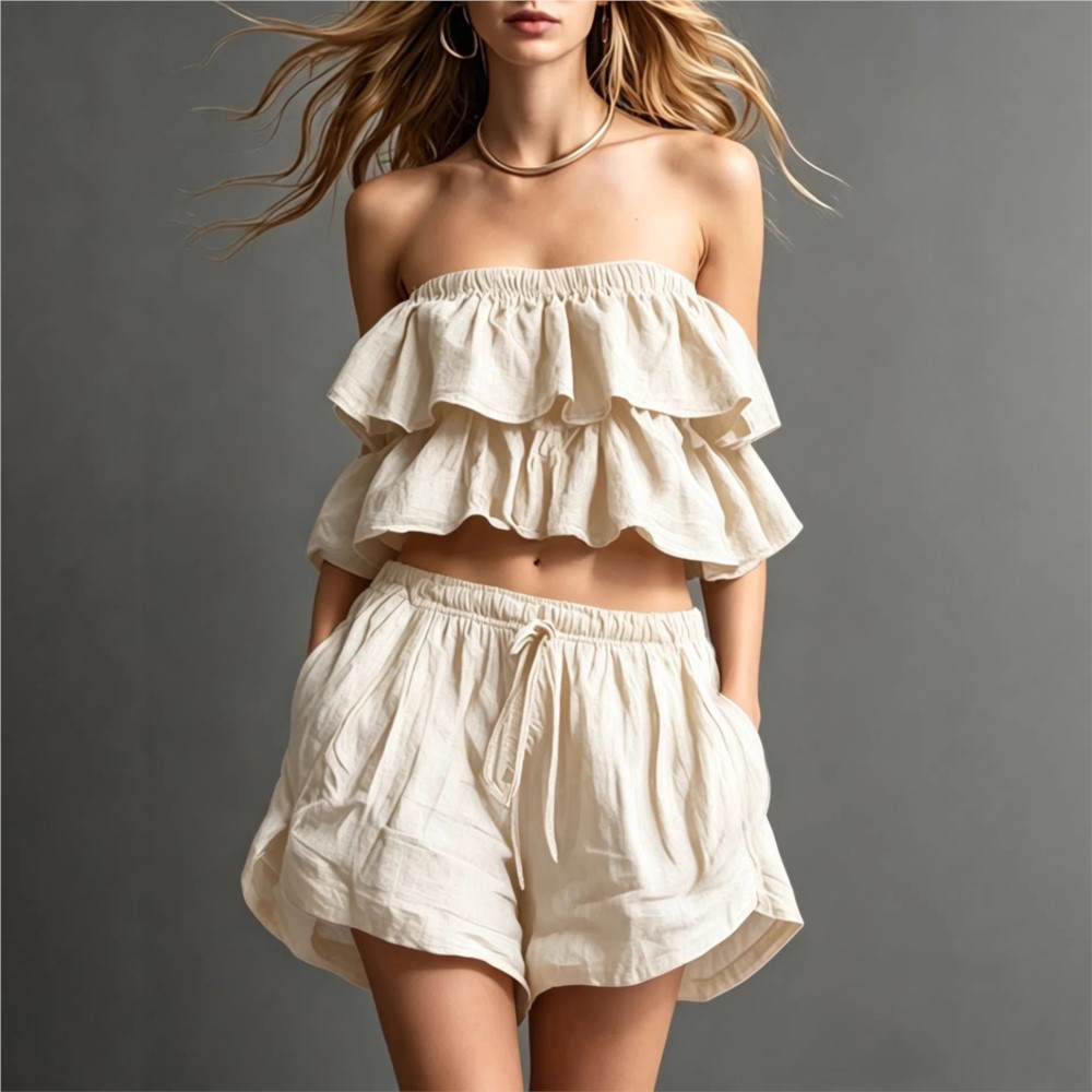 Ruffled Chest-wrapped Short To - Short Linen Drawstring のレビューと価格