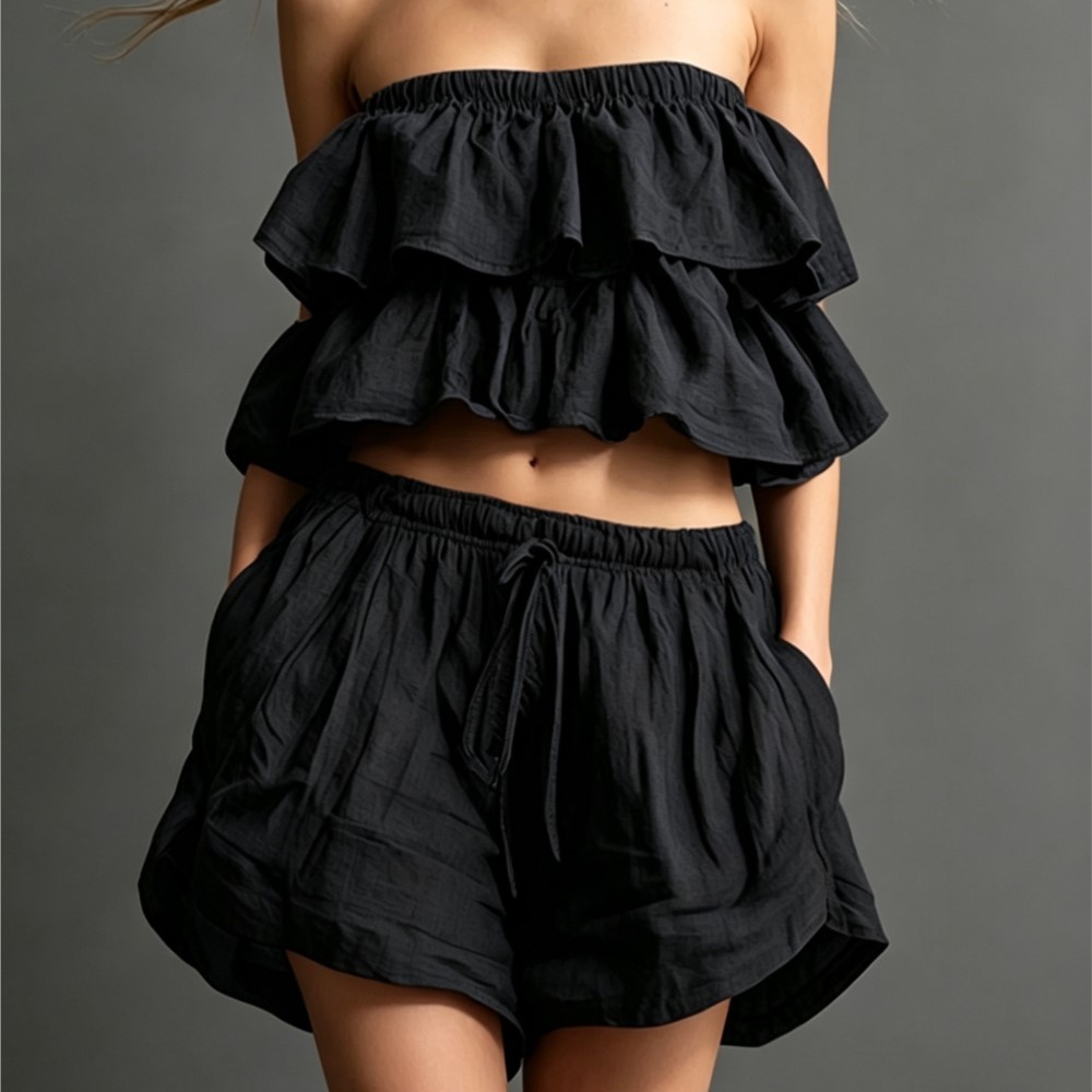 Ruffled Chest-wrapped Short To - Short Linen Drawstring のレビューと価格