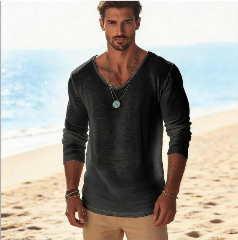 Men's Casual V-Neck Linen Blen - Linen Shirt Breathable のレビューと価格