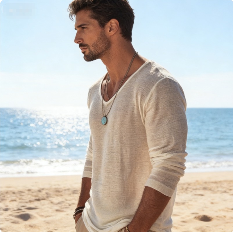 Men's Casual V-Neck Linen Blen - Linen Shirt Breathable のレビューと価格