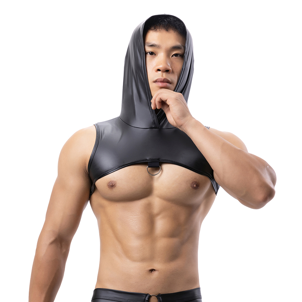 Men Faux Leather Hooded Fitnes - Tank Top Muscle のレビューと価格