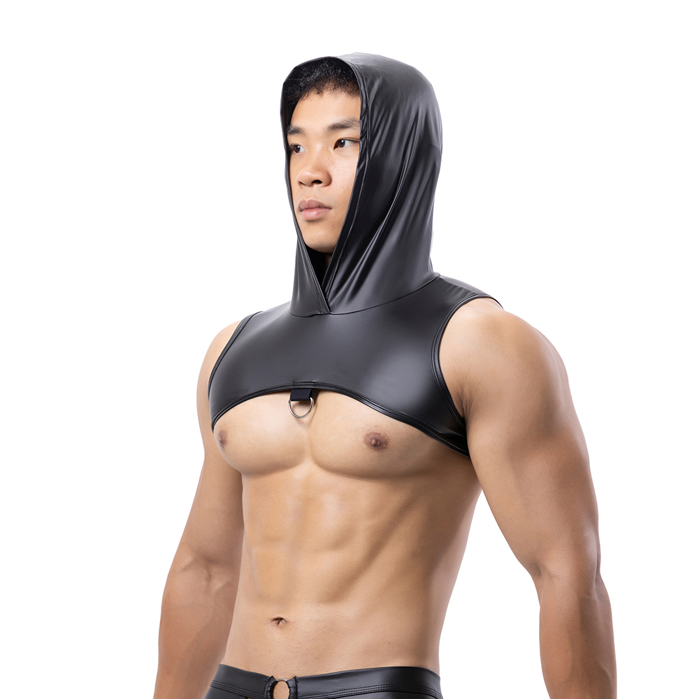 Men Faux Leather Hooded Fitnes - Tank Top Muscle のレビューと価格