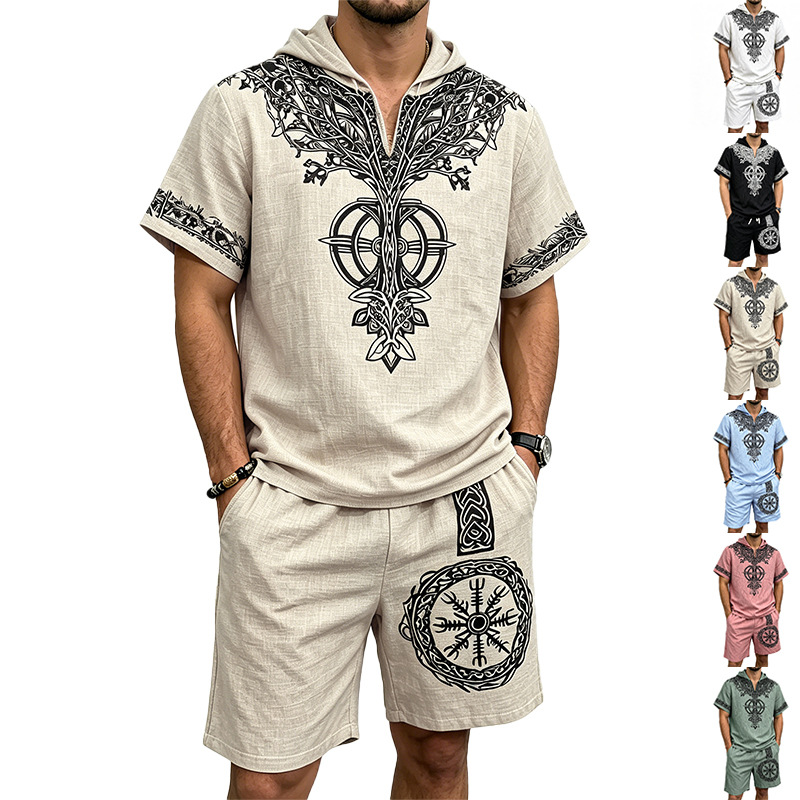 Men Linen Look Viking Tree Pri - Short Linen Drawstring のレビューと価格