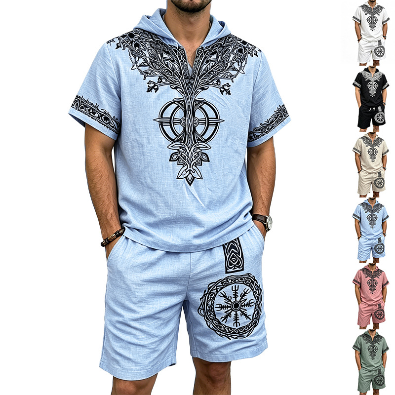 Men Linen Look Viking Tree Pri - Short Linen Drawstring のレビューと価格