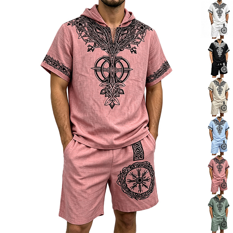 Men Linen Look Viking Tree Pri - Short Linen Drawstring のレビューと価格