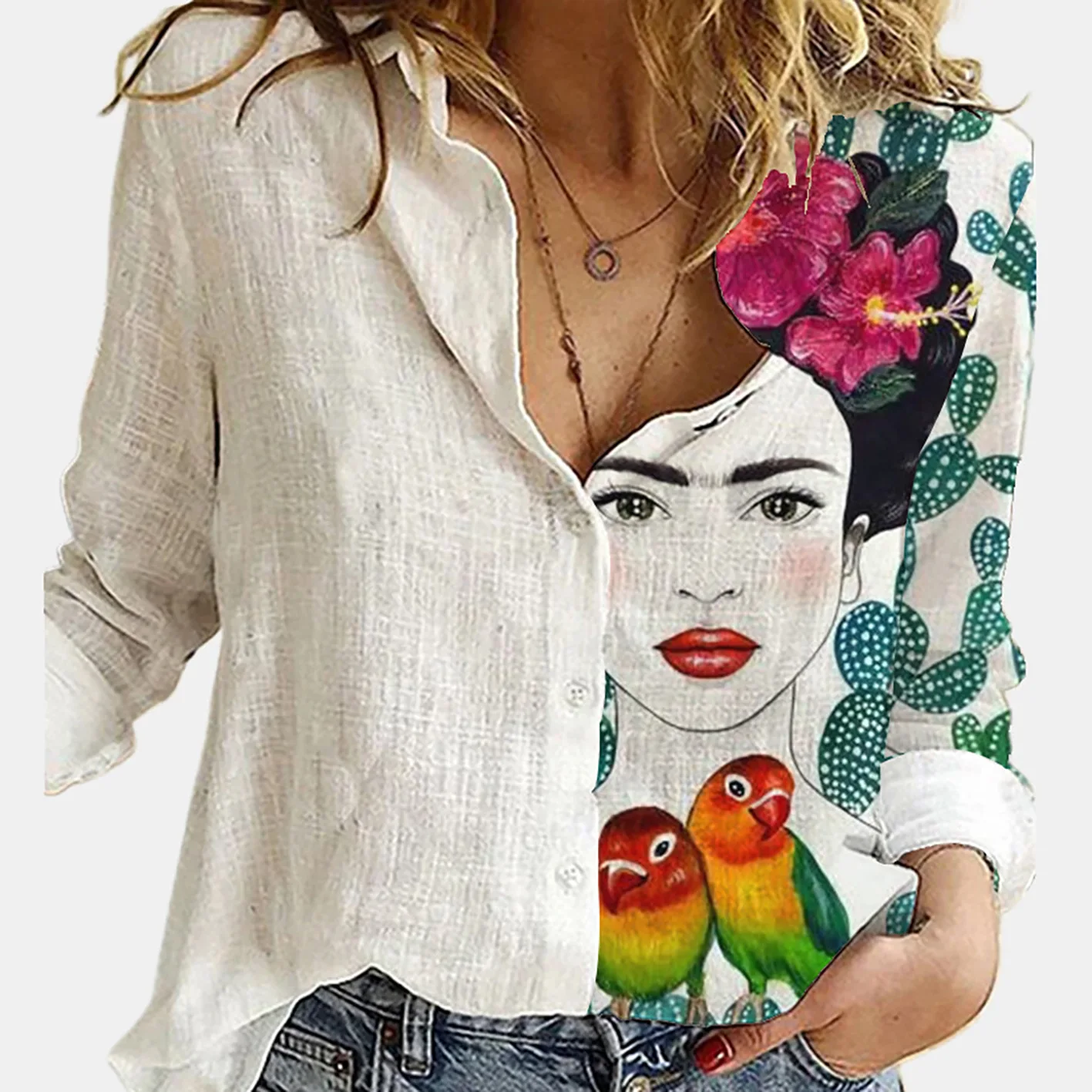 Women Spring And Autumn Long S - Shirt Camp Collar のレビューと価格